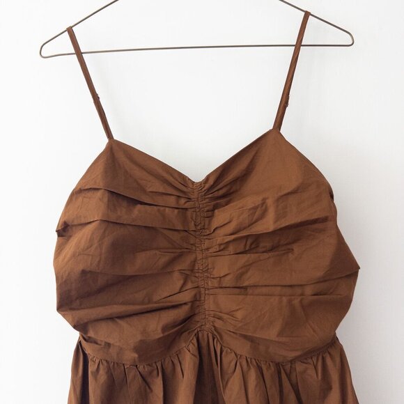 Endless Rose Shirred Blouson Romper in Camel Brown with Puffed Shorts Size S - Picture 7 of 10